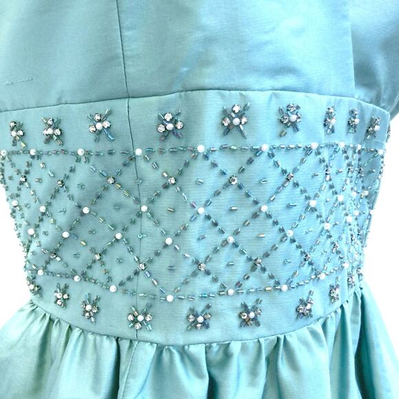 Vintage Anne Klein 100% Silk Seaglass Halter Dress | Beaded Waist | 50s Inspired - Picture 15 of 16